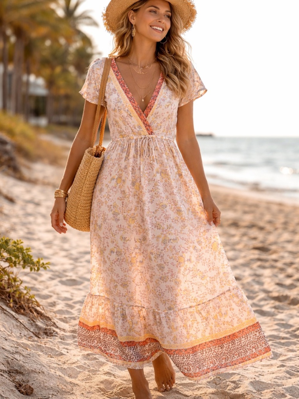 BeBop Peach Floral Maxi Dress with Coral Trim